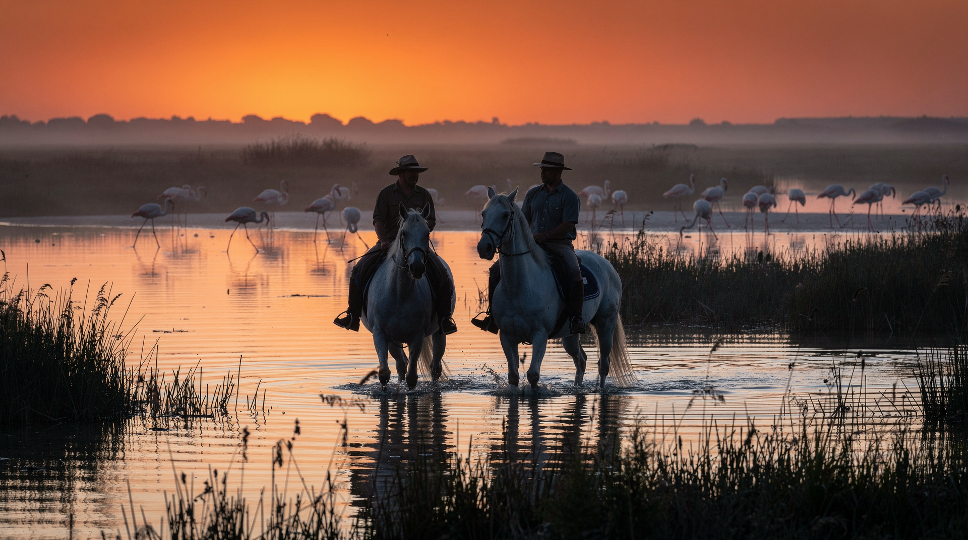 Reitertag in der Camargue — ein besinnlicher Nachmittag in den Sümpfen — Ein Reitnachmittag in der Camargue nahe Saintes-Maries-de-la-Mer — weiße Pferde,