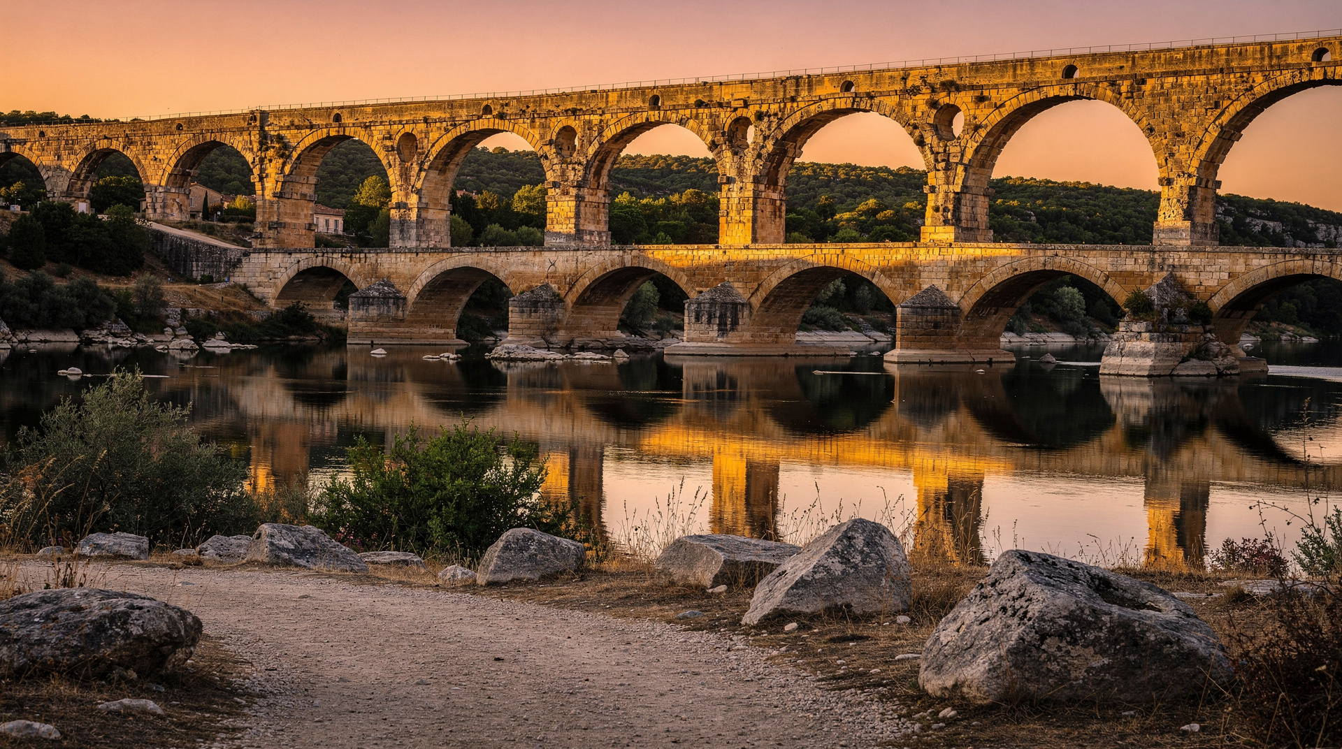 Pont du Gard zur goldenen Stunde — ein atmosphärisches Kurz-Stück — Der Pont du Gard bei der goldenen Stunde: wenn die Massen gehen und das Aquädukt