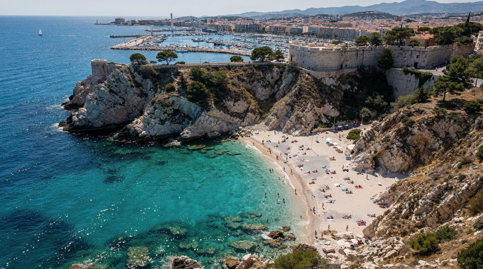 Les Catalans Strand: Marseilles städtischer Sandstrand nahe dem Vieux-Port — Anse des Catalans: städtischer Sandstrand 20 Minuten vom Vieux-Port. Im Sommer m