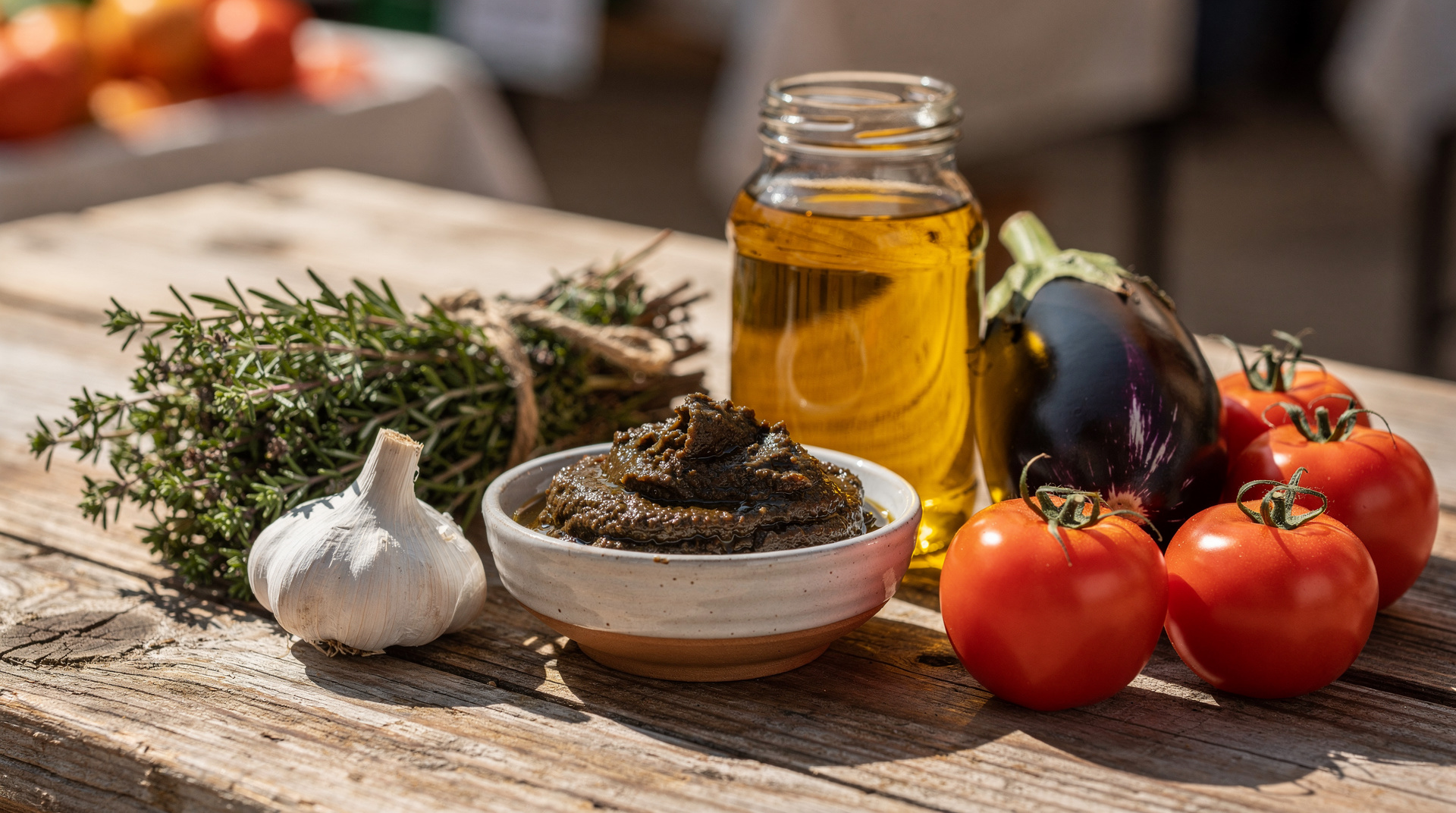 Provenzalische Küche erklärt: Olivenöl, Knoblauch, Kräuter und der Tisch — Provenzalische Küche — Olivenöl, Knoblauch, Herbes de Provence, Tapenade, Aïoli,